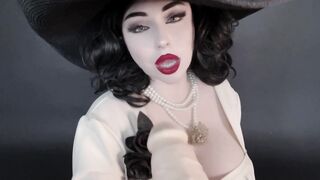 Juliette Michele as Lady Dimitrescu sucks on big fake tits with soft red lips