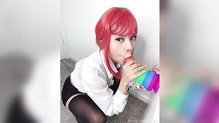 Power from Chainsaw Man cosplay by Catgirl sucking colorful big dildo hanging on wall