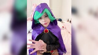 Teen Titans Raven XXX porn cosplay by Catgirl shows her tits and fingers herself