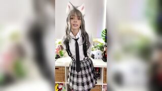 Babyfooji as School Girl with cat ears fucks her pussy with pink dildo and black stockings