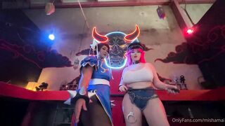 Lesbian XXX cosplay porn with Juliette Michele as Street Fighter characters sucking strap on and sucking it off